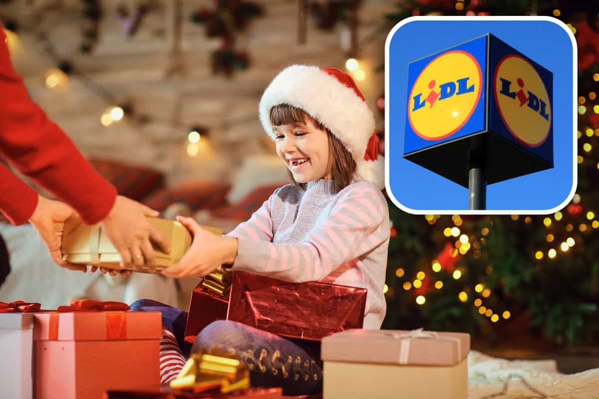 bambina riceve regalo e logo LIDL